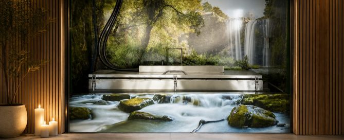 Water cremation equipment with a nature scene displayed in the background.